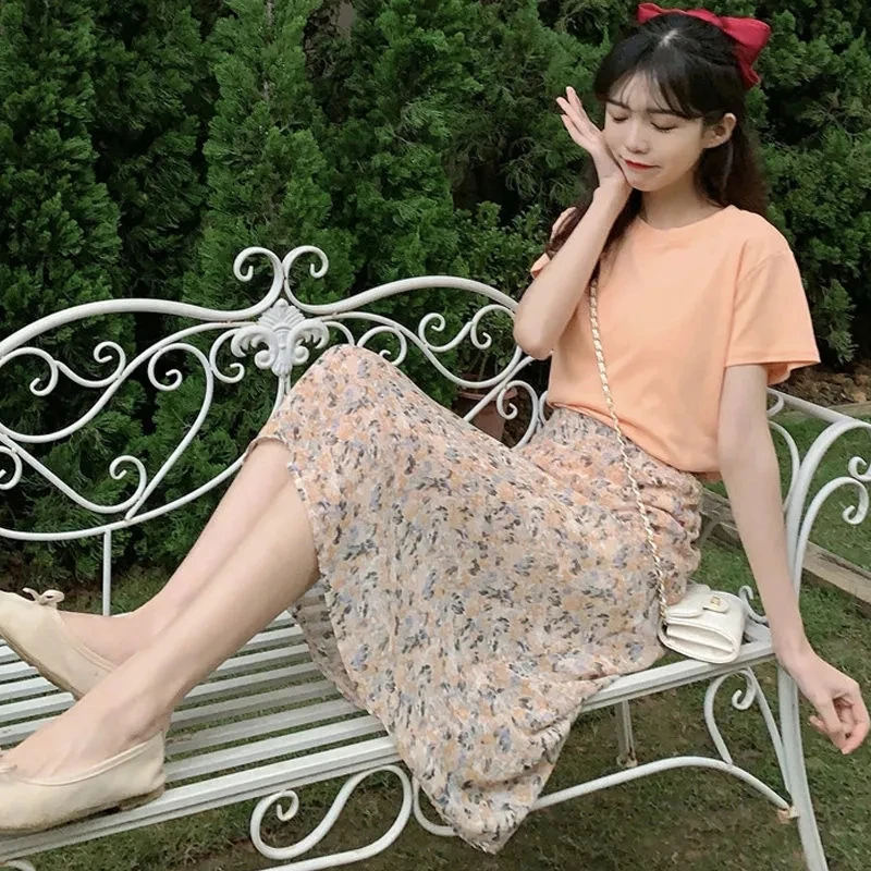 

Summer floral skirt a-line high waist mid-length purple orange skirts female vintage clothes size y2k ropa mujer kawaii harajuku