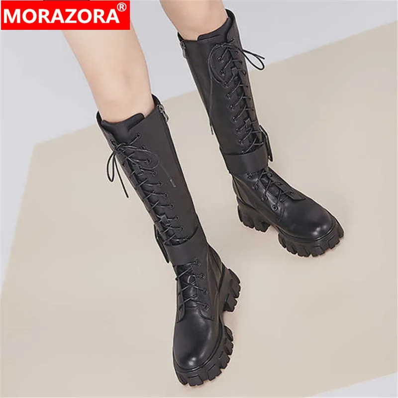 Женские сапоги до колена MORAZORA черные крутые мотоциклетные из натуральной кожи на