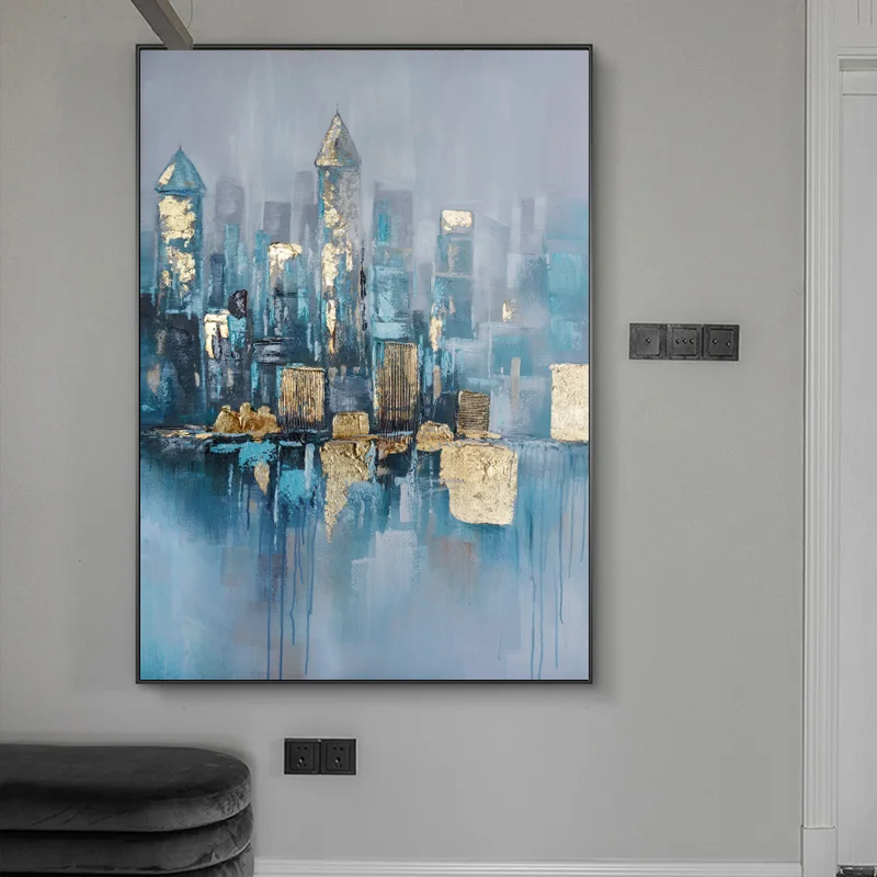 

Nordic Abstract Golden Building Canvas Painting City Landscape Poster Print Wall Picture for Pub Living Room Aisle Home Decor
