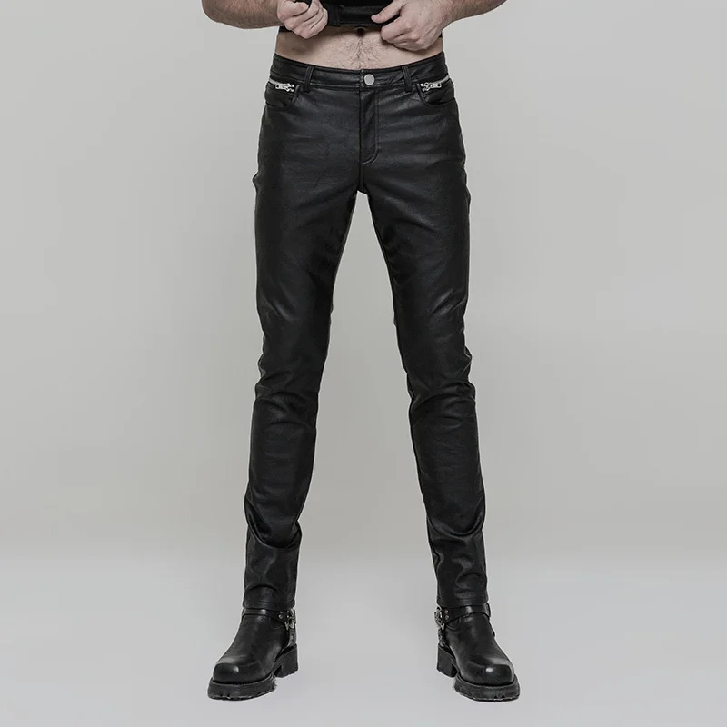 

Gothic fashion contracted Faux Leather pencil Pants Rock Zipper decoration Men's Black PU Trousers Punk Rave