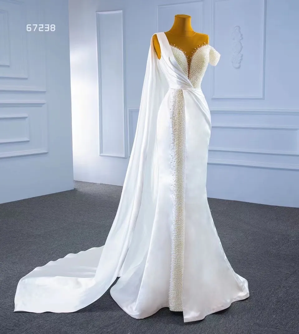 

Full Crystals Pearls Mermaid Wedding Dresses With Removable Train Satin Bridal Gowns Custom Made With Shawl