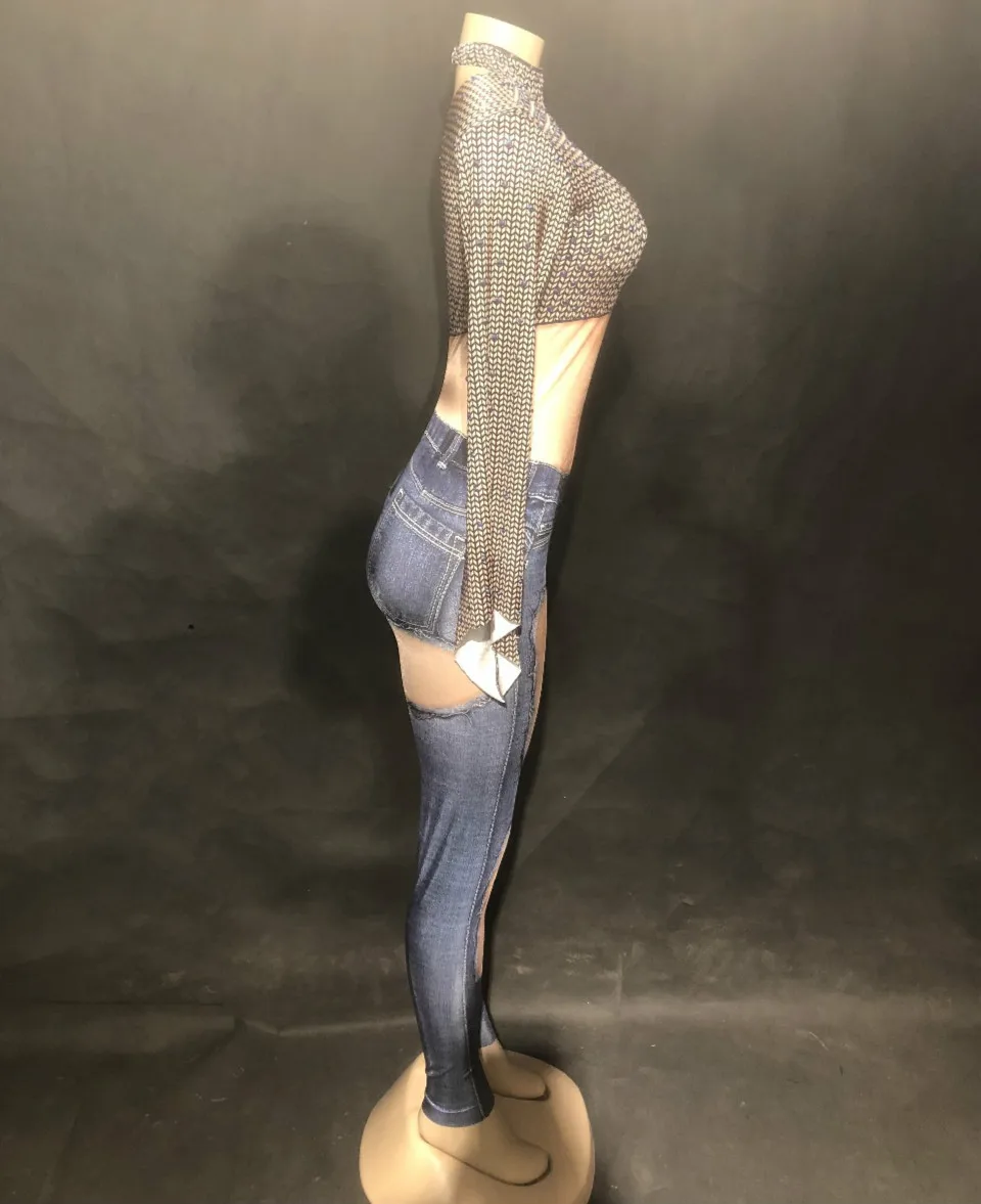 Комбинезон женский джинсовый с 3D-принтом пикантное боди стразы костюм для