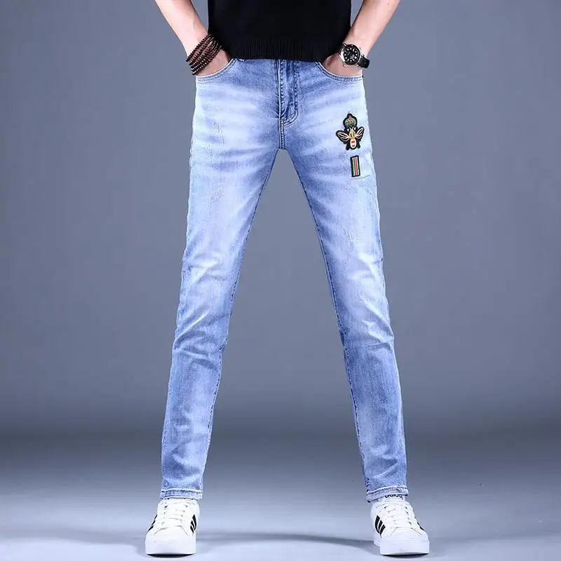 

High Quality Men’s Badge Embroidery Blue Jeans,Slim-fit Korea Version Stretch Denim Pants,Scratches Sexy Casual Jeans Pants;