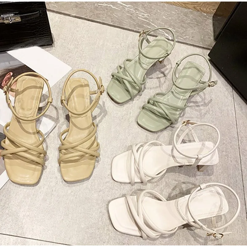 

Woman's Sandals Narrow Band Square Toe Mid Heels Ladies Shoes Buckle Strap Candy Colors Female Summer Fashion Elegant Footwear