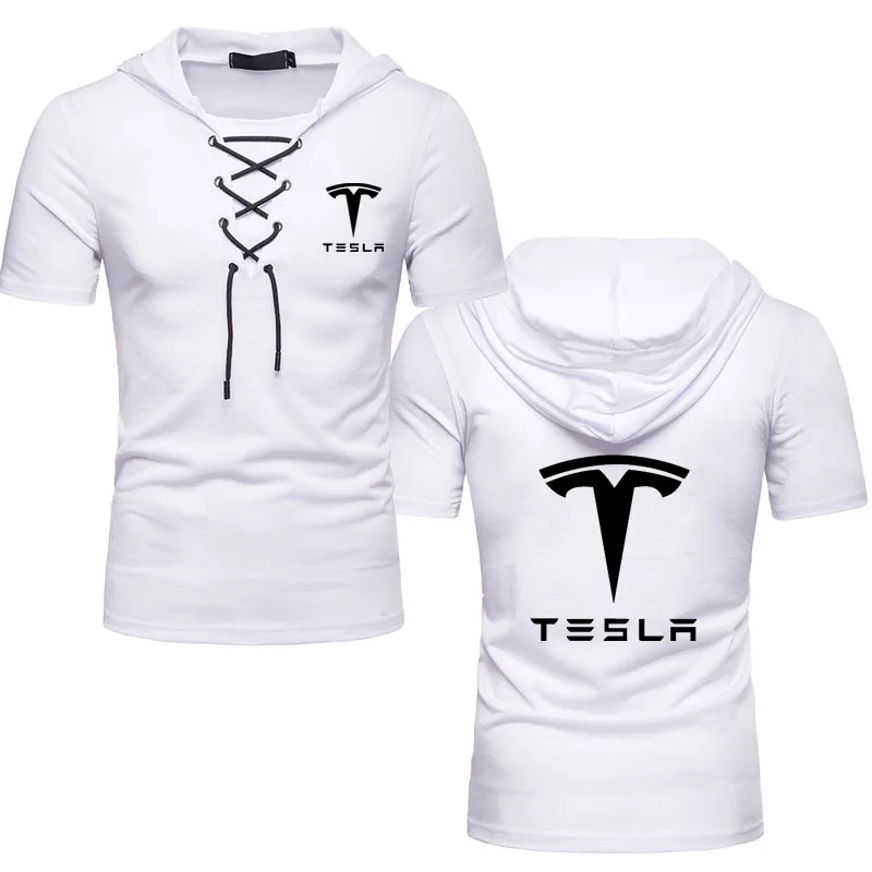 

Tesla car logo print Men T Shirts Solid color print streetwear Tee Shirt Short Sleeve T-Shirt Pure Cotton Hooded Short Sleeve