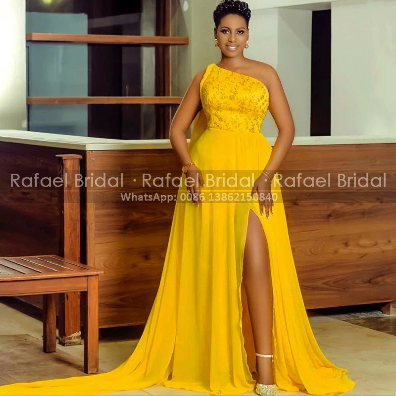 

Luxury Beads A Line Prom Dresses 2021 Gold Yellow Chiffon One Shoulder Long Sweep Train Side Split Party Dress For Women