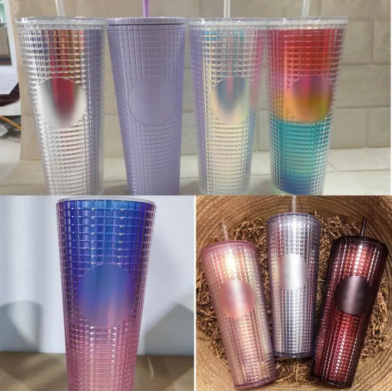 

710ml Coffee Cup Summer Holiday Cold Water Cup Tumbler Mug With Straw Plastic Durian Diamond Radiant Goddess Cups Large Capacity