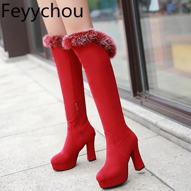 Женские осенне зимние ботинки из кроличьего меха на очень высоком каблуке