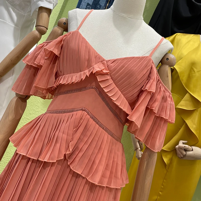 

Summer Women Off the Shoulder pleated Chiffon Dress 2021 Sexy Ruffles Tunic Long Strapless Dress Holiday Vacation Dress