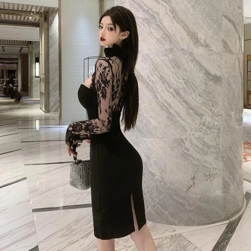 

Spring Autumn New Korean Sexy Halter Stitching Lace Bodycon Dress High Waisted Split Knee-length Dresses for Women 2021 Y720