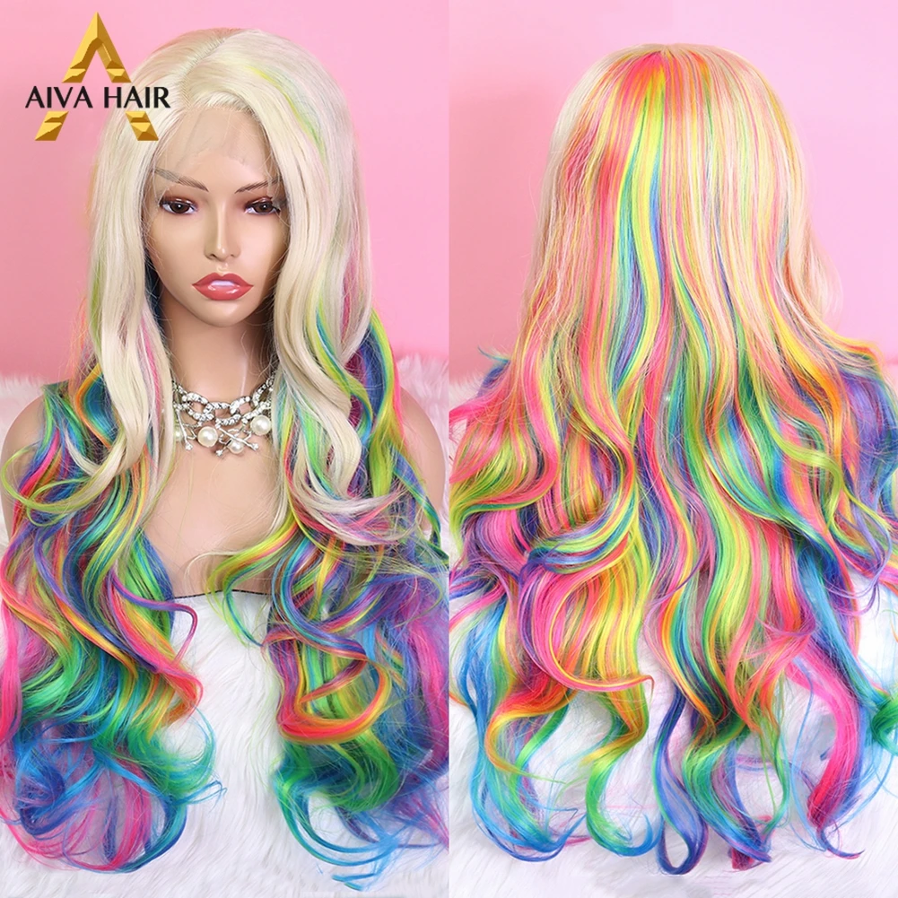 Ombre Rainbow Synthetic Wig Aiva Hair Heat Resistant Long Wavy L Part Synthetic Lace Wigs Glueless Cosplay Wigs For Black Women