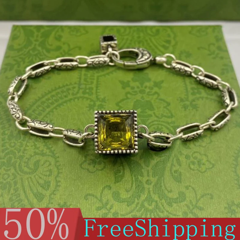 

Ag925 Sterling Silver High Quality Luxury Brand Retro Square Carved Pattern Blue Stone Bracelet Gift For Couples Men And Women