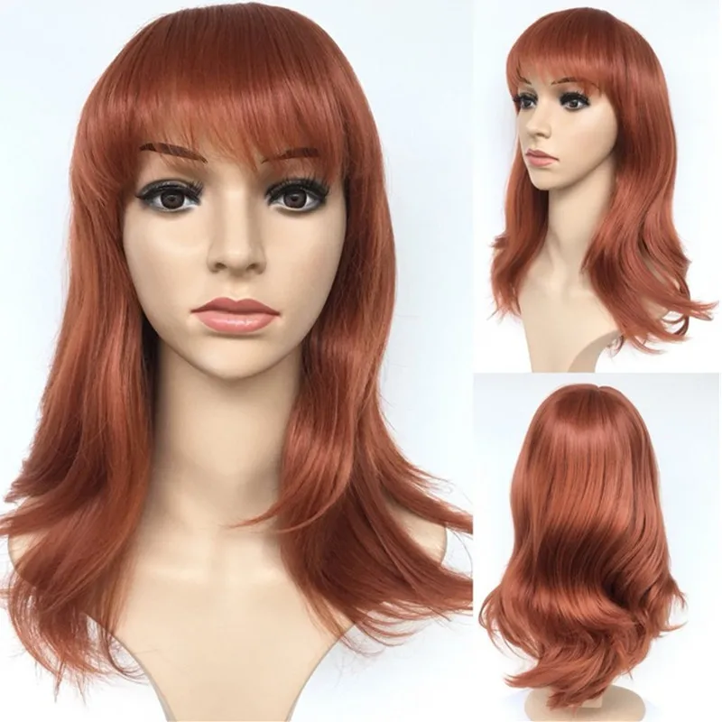 Pervado волосы длина плеча свободная волна красновато-коричневый парики с бахромой