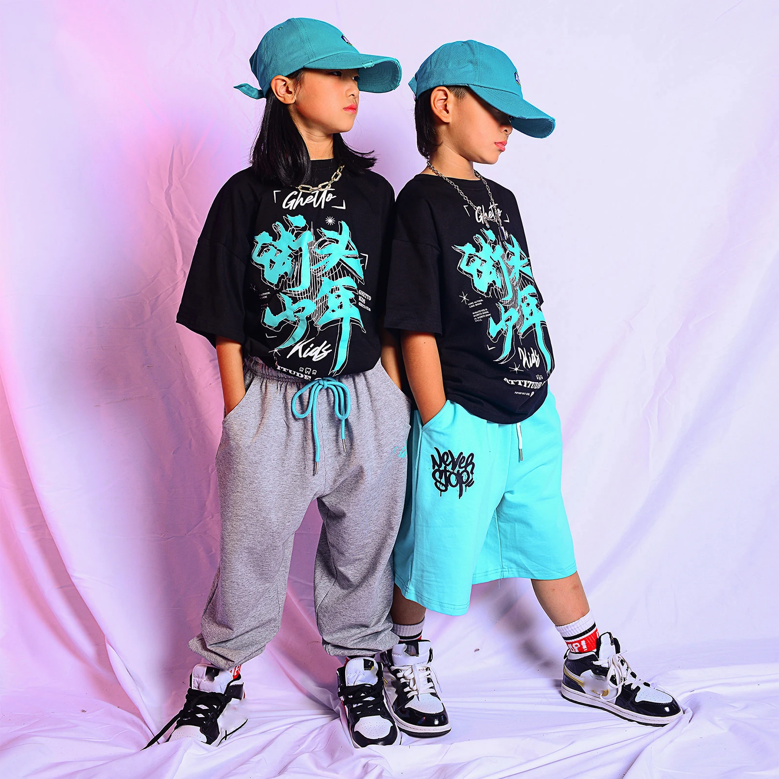 

2021 Hip Hop Dance Costumes For Kids Loose Short Sleeved Shorts Streetwear Summer Jazz Performance Costumes Rave Clothes DQS7540