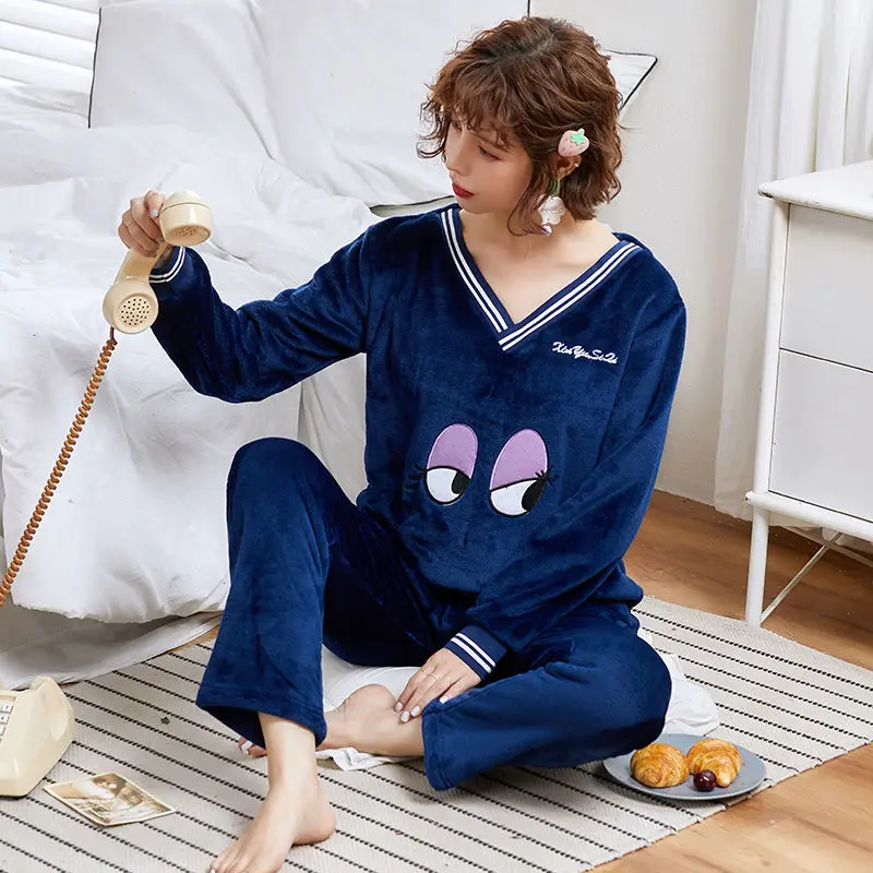 sleepwear women set Пижамы женские большие размеры пижамы из плотной ткани женские теплые длинные осенние пижамы зимний домашний костюм женская пижама домашний L-XXL - Color: sleepwear women set