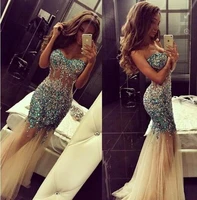 luxurious crystals tulle mermaid prom dress 2019 sweep train champagne evening formal gowns vestidos de festa