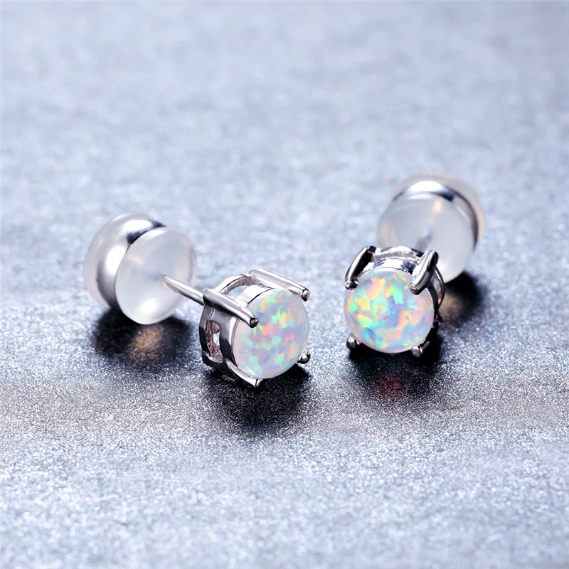 

Simple Female 6mm White Opal Stone Earrings Dainty Silver Color Wedding Earrings Trendy Bride Round Small Stud Earrings For Wome