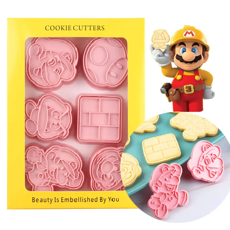 6pcs/sets Super Mario cookie mold 3D cartoon frosting cookie fondant plastic push-type household baking mold Christmas gifts