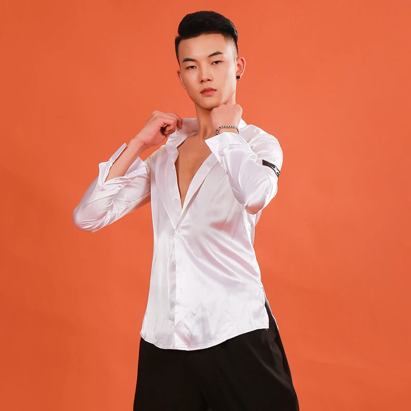 Мужские рубашки для латинских танцев искусственный шелк стоячий воротник топ ча