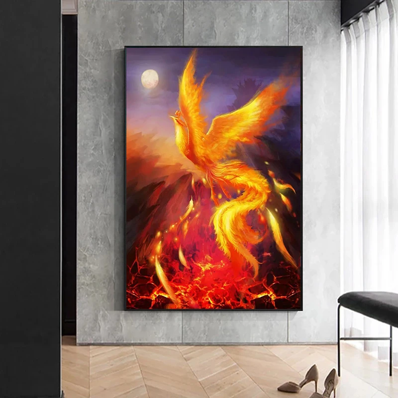 Плакат на холсте с изображением Луны красного желтого оранжевого Феникса огня