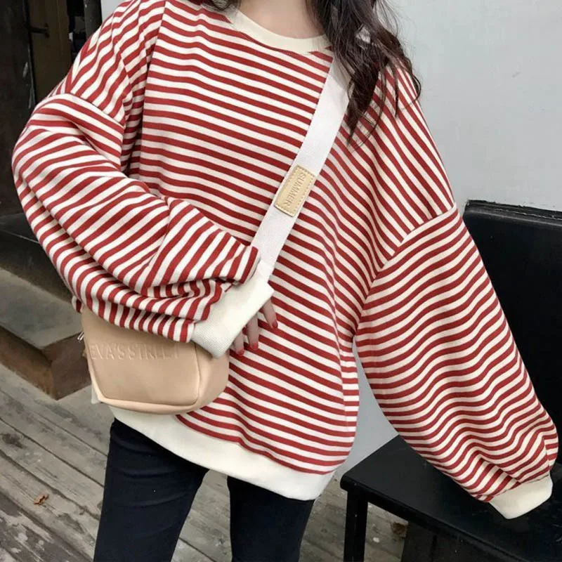 

Loose Stripe Irregular T-shirt Woman's Korea O-neck Long Sleeve Plus Size T-shirts Woman Retro Basic Casual Tees Women 2021