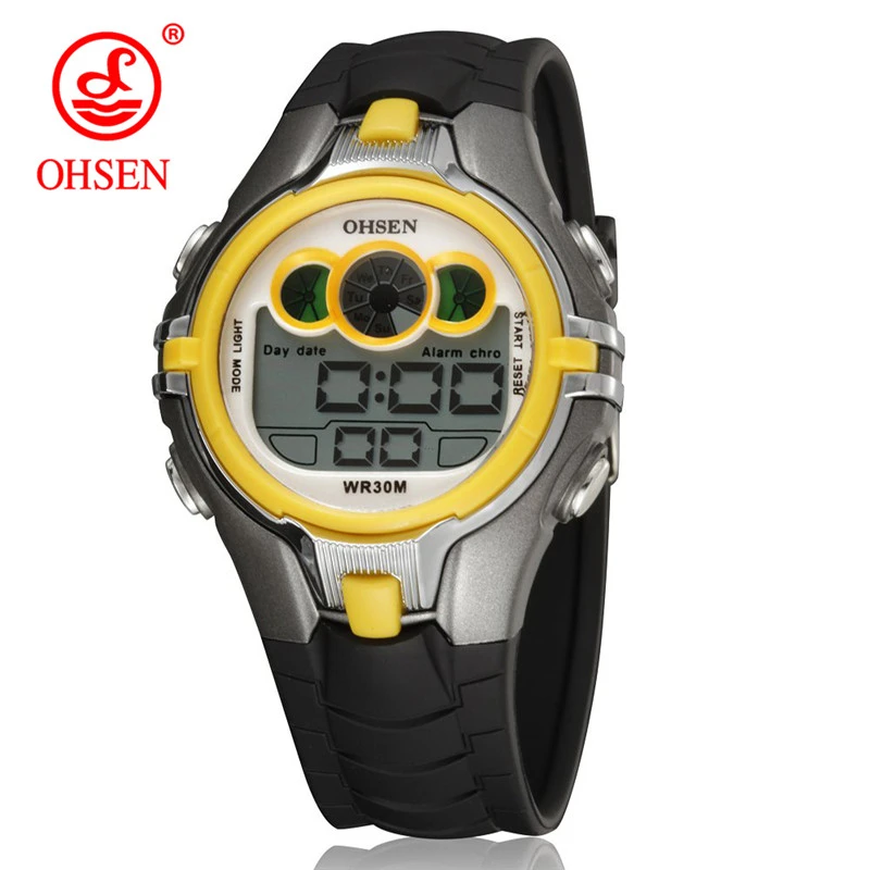 OHSEN Boys Kids Дети Кварцевые спортивные часы Будильник Дата хронографа Светодиодные задние фонари Водонепроницаемые наручные часы Студенческие часы - Цвет: gray yellow