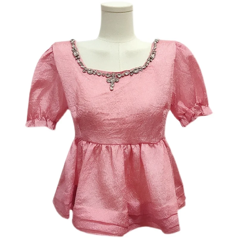 

Korejepo Women Shirt 2021 Summer New French Retro Diamond-studded Striped Puff Sleeve Waist Beaded Rhinestone Short-sleeved Top
