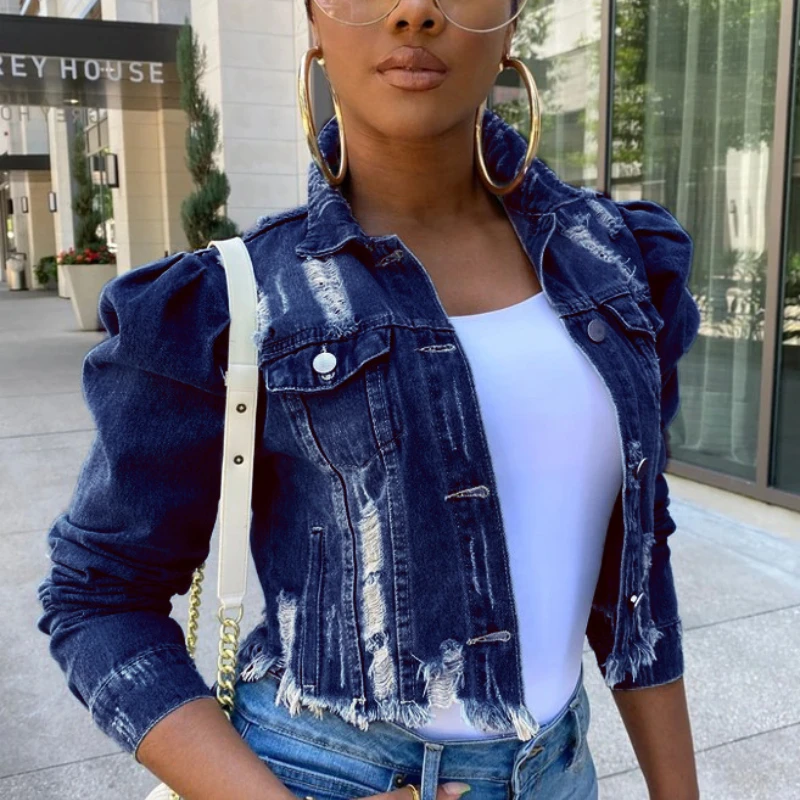

Short Frayed Denim Jacket Women Puff Sleeve Denim Jacket