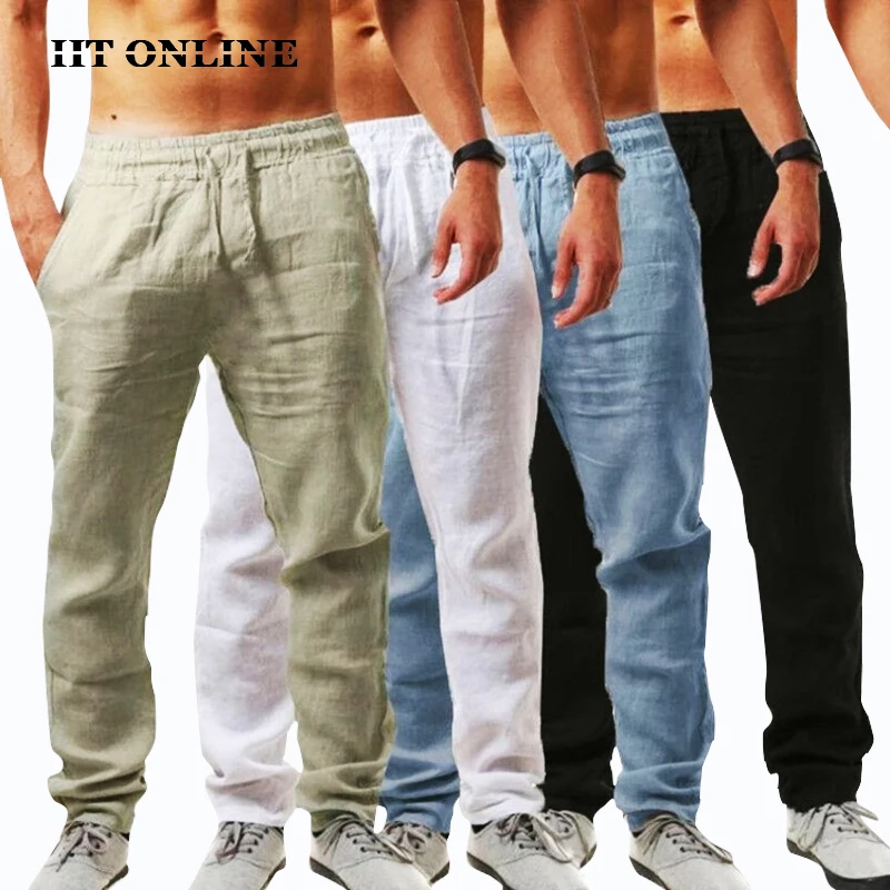 Летние мужские повседневные брюки из хлопка и льна дышащие однотонные