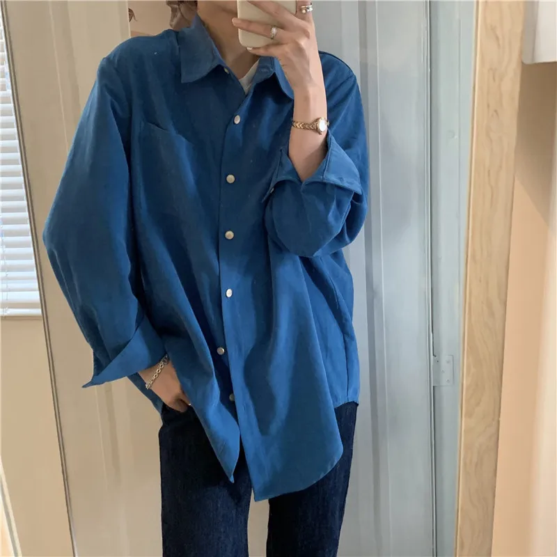 

Spring 2021 new loose slim simple casual single-breasted long-sleeved shirt blouse women Streetwear Corduroy
