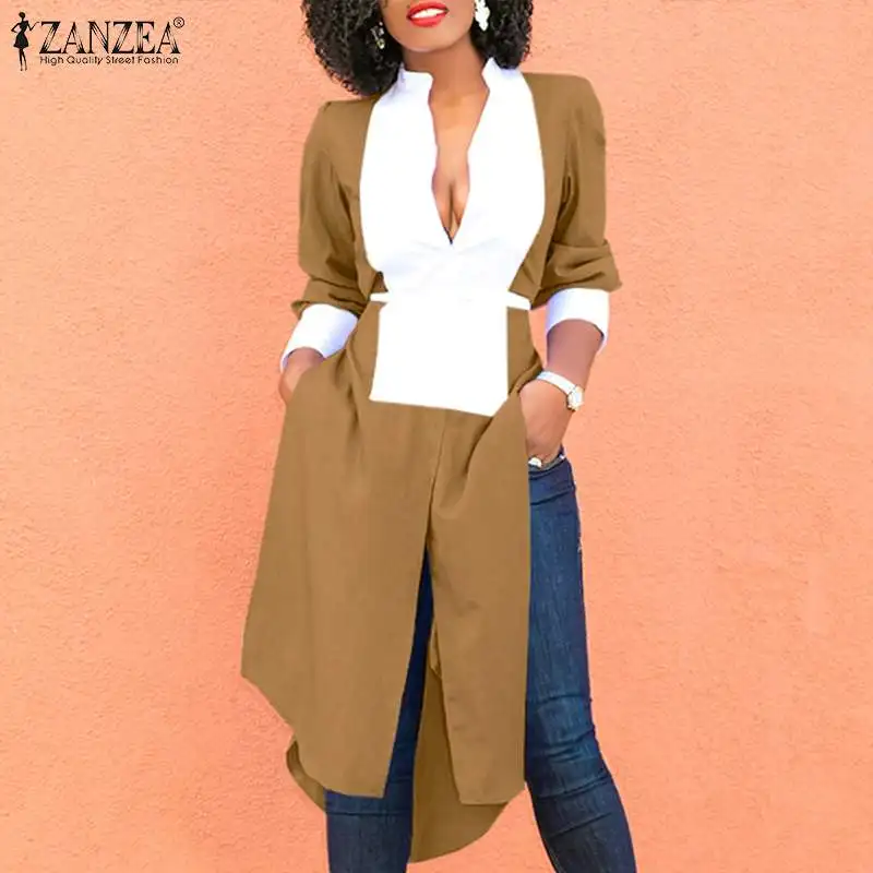 

Женская Повседневная пикантная футболка, женская модная однотонная блузка в стиле пэчворк, осень 2021, офисные миди-блузы ZANZEA, топы с длинным ...