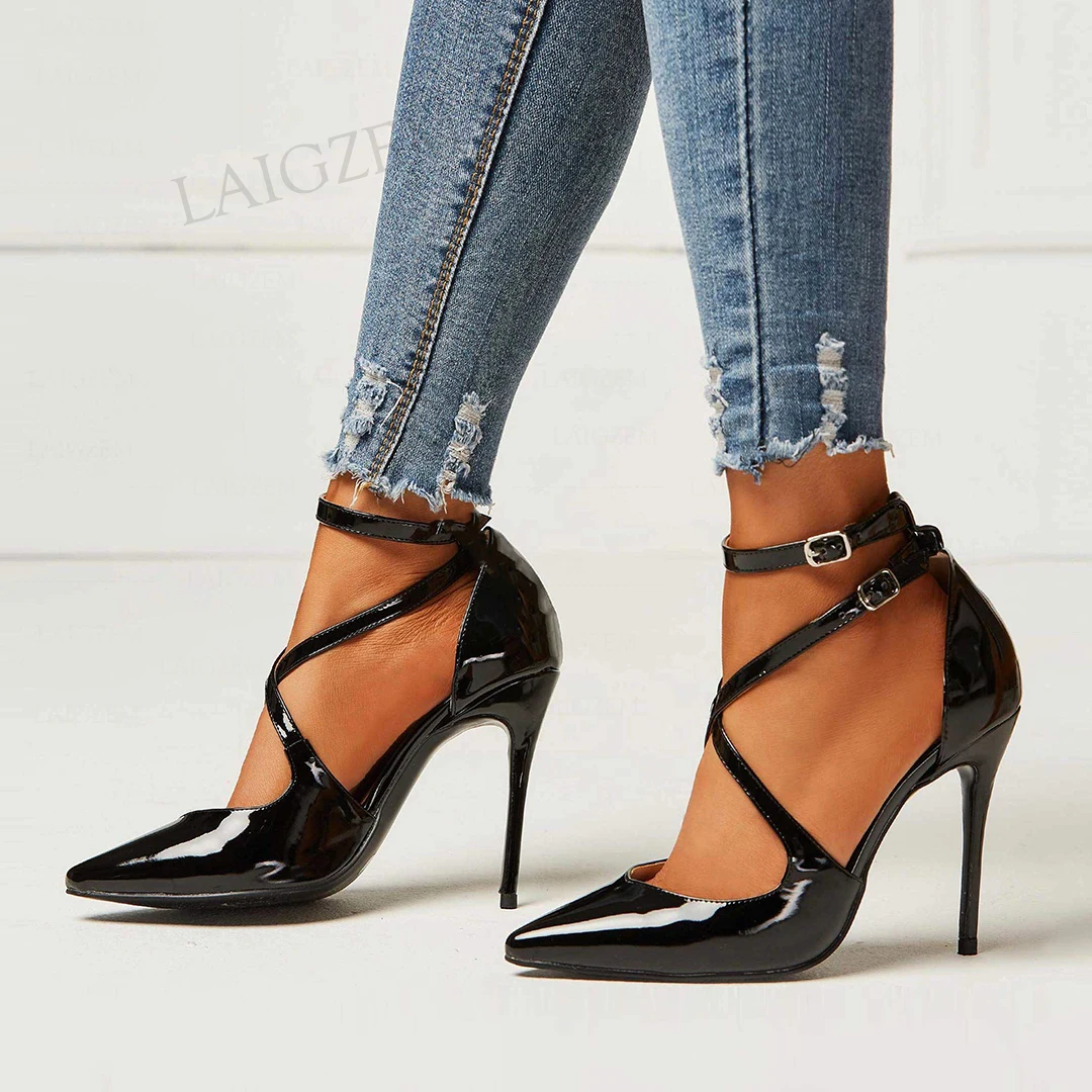 

BERZIMER Women Heels Shiny Ankle Straps High Heel Pumps Office Lady Party Club Cosplay Sandals Shoes Woman Big Size 38 43 45 47