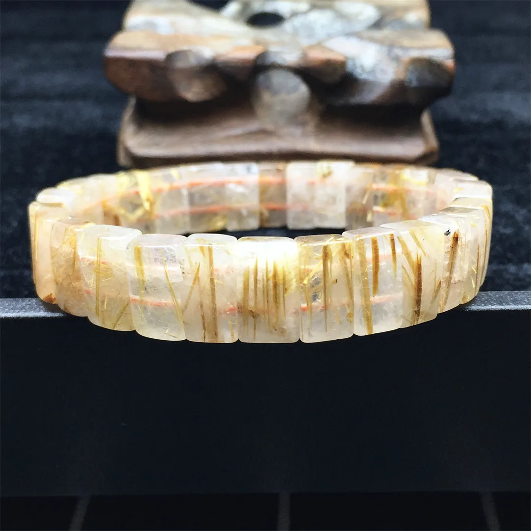 

Natural Gold Rutilated Quartz Bracelet Bangle Jewelry For Women Men Wealth Healing Stone Titanium Gemstone 12x7mm Beads Stretch