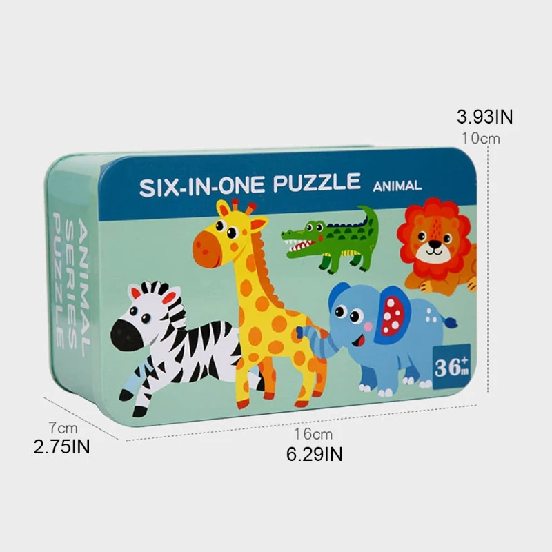 

Montessori Puzzlebox Wooden Cartoon Puzzle Thicken Wood Early Learning Toy Tangram Kids 3+ Gift 6pieces Tin Box Packing