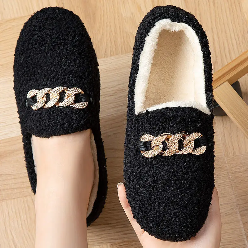 

House Fuzzy Slipper Women Winter Fur Contton Warm Plush Non Skid Grip Indoor Home Fluffy Lazy Female Sparkling Embroidery Shoes