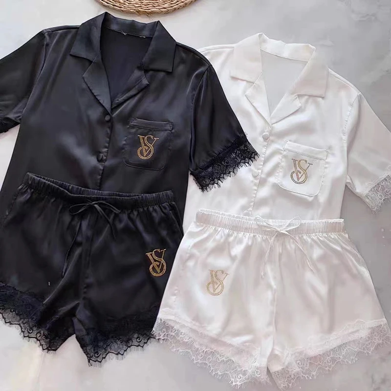 

2 Pieces Set Pajamas for Women Summer Short Loungewear Homewear Solid Satin Silk Sleepwear Pjamas Ladies Home Clothes