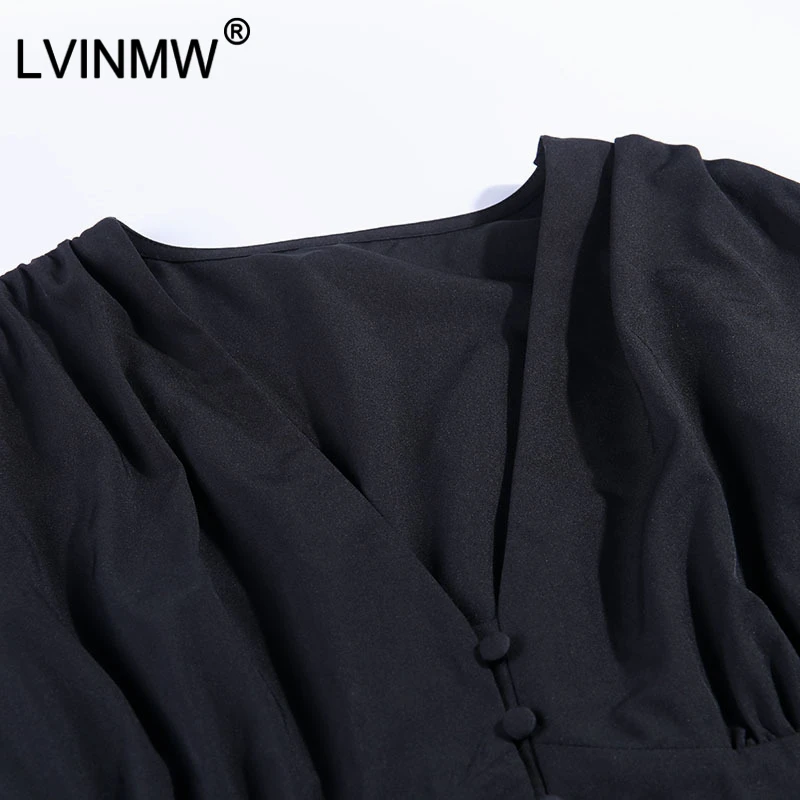 LVINMW черная сексуальная Лоскутная футболка с глубоким v-образным вырезом и пуговицами с пышными рукавами Осенняя Женская Повседневная облегающая футболка современный офисный женский топ