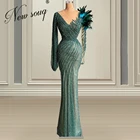 Арабское роскошное зеленое вечернее платье с бисером, длинное женское платье с бриллиантами и перьями 2021, Индивидуальные свадебные платья, платья