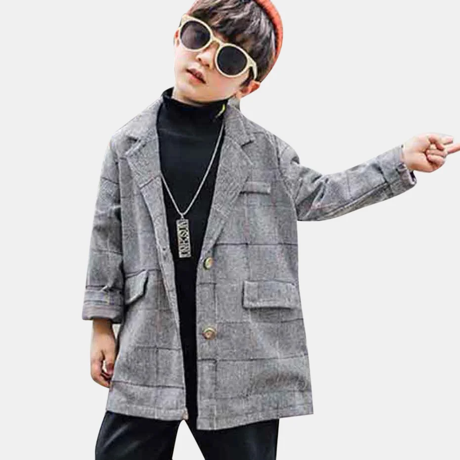 Пальто для мальчиков Длинная Верхняя одежда в клетку Однобортный блейзер сезон