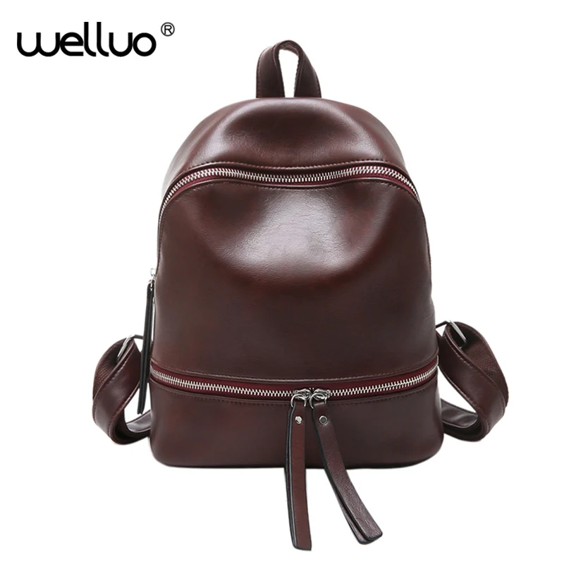 Винтажный женский рюкзак черный коричневый дизайнерский ПУ кожа сплошной цвет