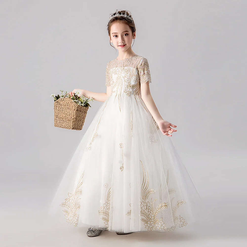Платье с коротким рукавом для девочки кружевной аппликацией | Свадьбы и