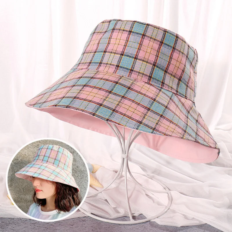 

Foldable Leopard Plaid Print Bucket Hat Women Cotton Summer Breathable Fisherman Anti UV Outdoor Casual Caps Large Brim Flat Top