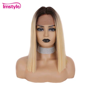 Имстайл Ombre блондинка парики синтетические кружева передний парик короткие парики для чернокожих женщин Термостойкое волокно косплей парик темного корня