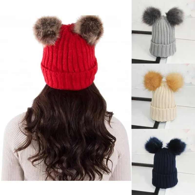 Женская зимняя Милая Шапка-бини уличные вязаные шапки с двумя меховыми помпонами
