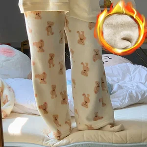 Bear Print Pajama Pants Casual Home Trousers For Winter Women Girls Sweat Cute Cartoon Homewear Loos