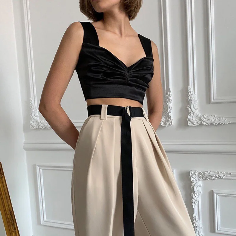 

2021 New Women's Clothes Sexy Satin V-neck Silk Pleated Temperament Slim Short Tanks Sleeveless Casual Silk Corest Camisole Tops
