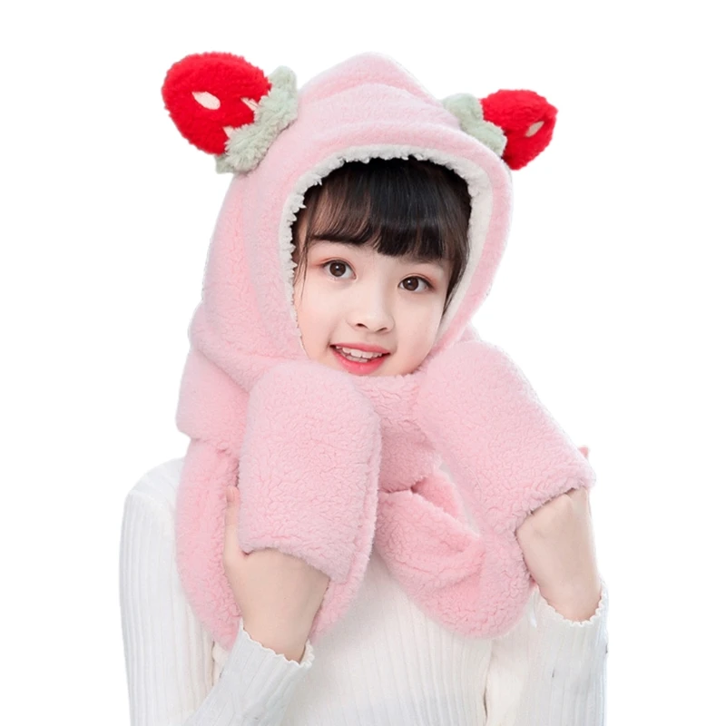 

Kids Winter Warm 3 In 1 Strawberry Ears Faux Fleece Hooded Scarf Hat Gloves Set F42F