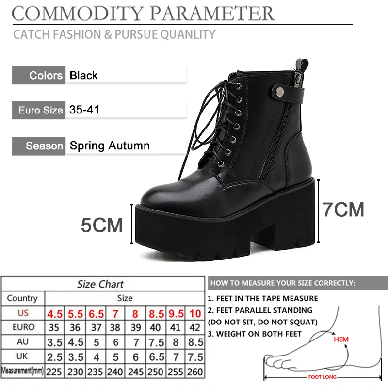 

BYQDY Autumn Gothic Round Toe Woman Boots Thick Bottom Chunky Heels Lace Up Ankle Boots Combat Footwear For Party Shoes Plus 41