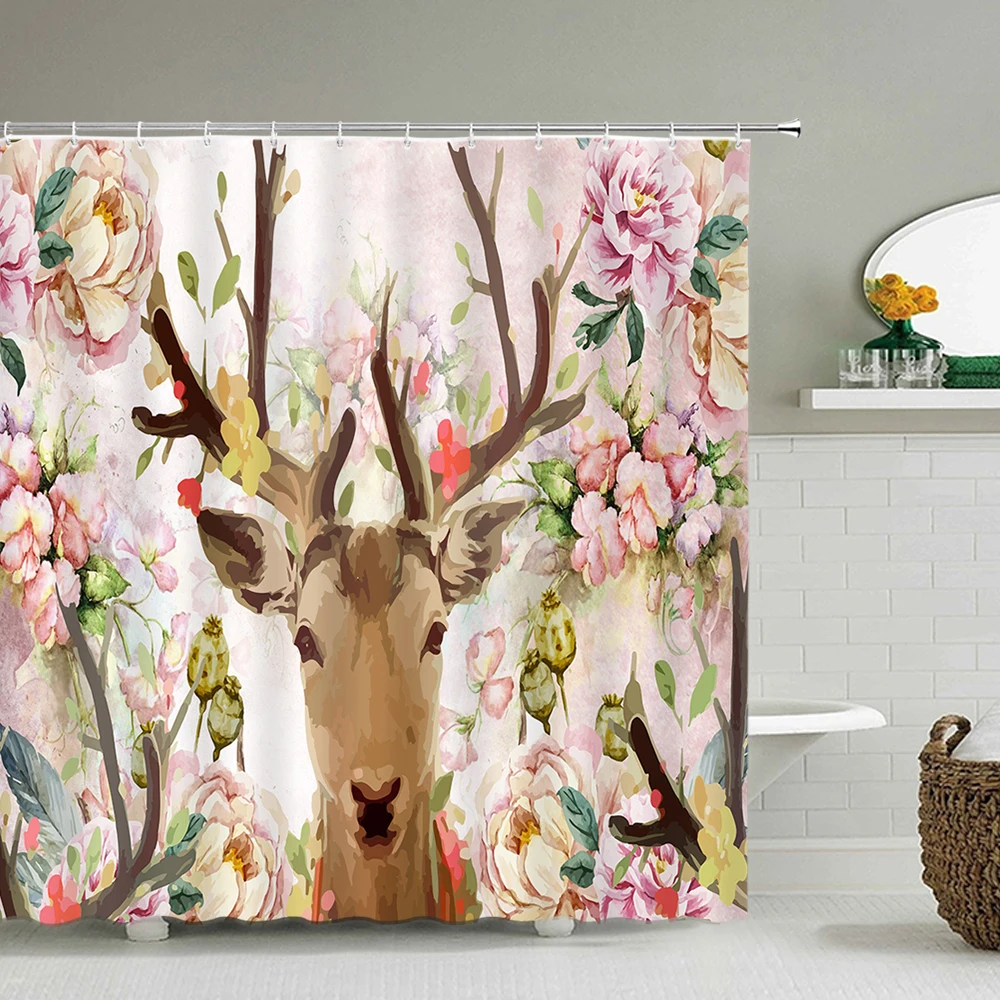 

Animal Polyester Fabric Shower Curtains Home Decor Multi-size Shower Curtain Deer Birds Waterproof Shower Curtains for Bathroom