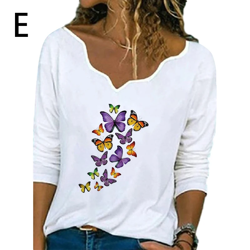 

2020 Women Sexy V Neck T Shirt Autumn Long Sleeve Tops Blusas Casual Floral Print Loose Shirt Pullover Streetwear Plus Size